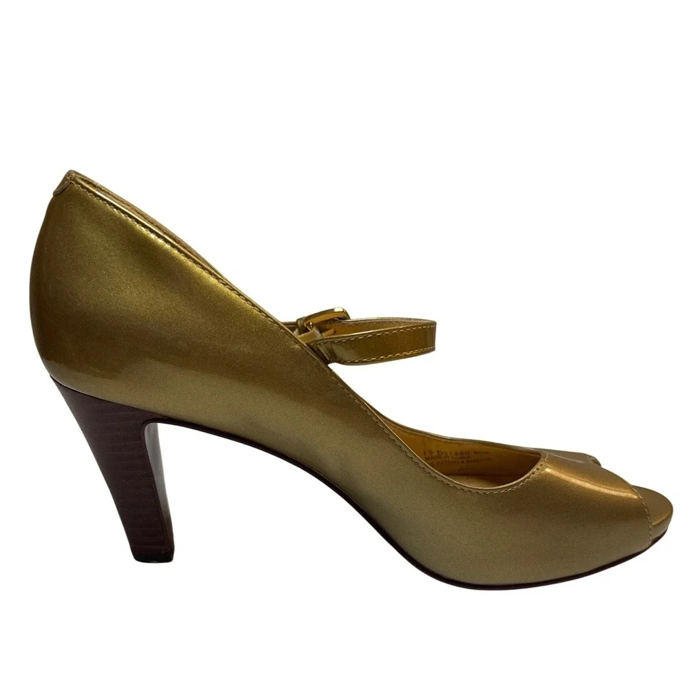 Cole Haan Peep Toe Mary Jane Heels Gold Metallic Patent Leather Buckle Shoes 6.5